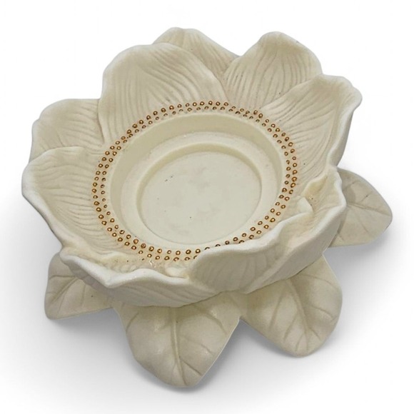 Partylite Porcelain Bisque Magnolia Lotus Flower Blossom Candle Holder Gold Bead - Picture 6 of 7